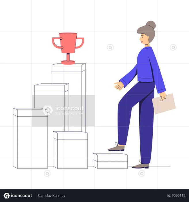 Businesswoman walks up stairs as reward  Illustration
