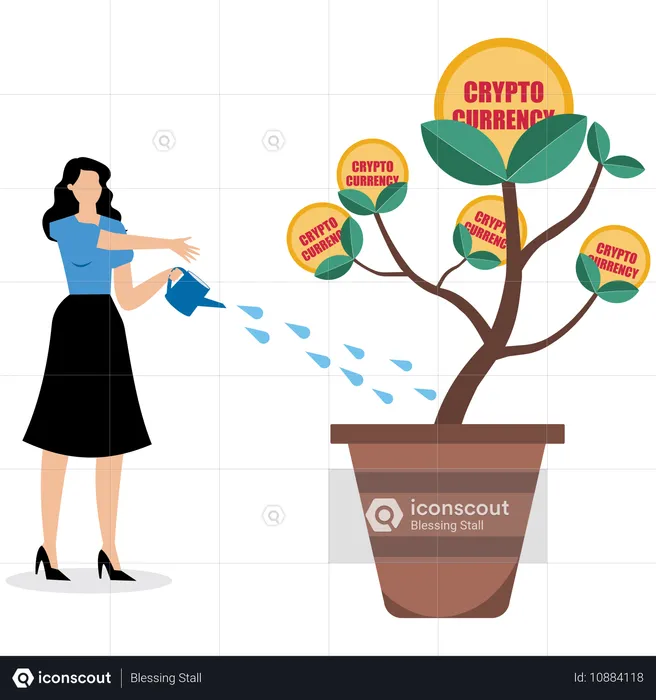 Businesswoman watering cryptocurrency tree  Illustration