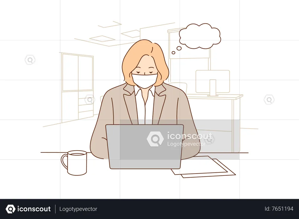 Businesswoman wearing face mask and working on laptop  Illustration