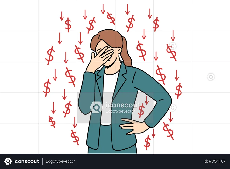 Businesswoman who victim of financial crisis covers eyes with hand  Illustration