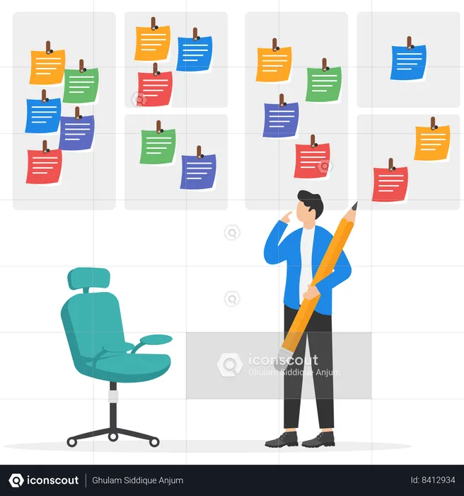 Businesswoman with a wall full of reminder notes  Illustration