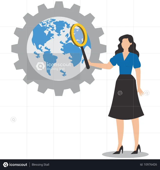 Businesswoman with magnifying glass analyzing business in global economy  Illustration