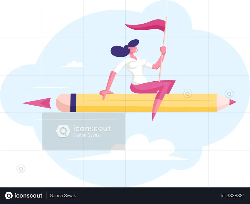 Businesswoman with Red Flag in Hand Flying on Pen Rocket  Illustration