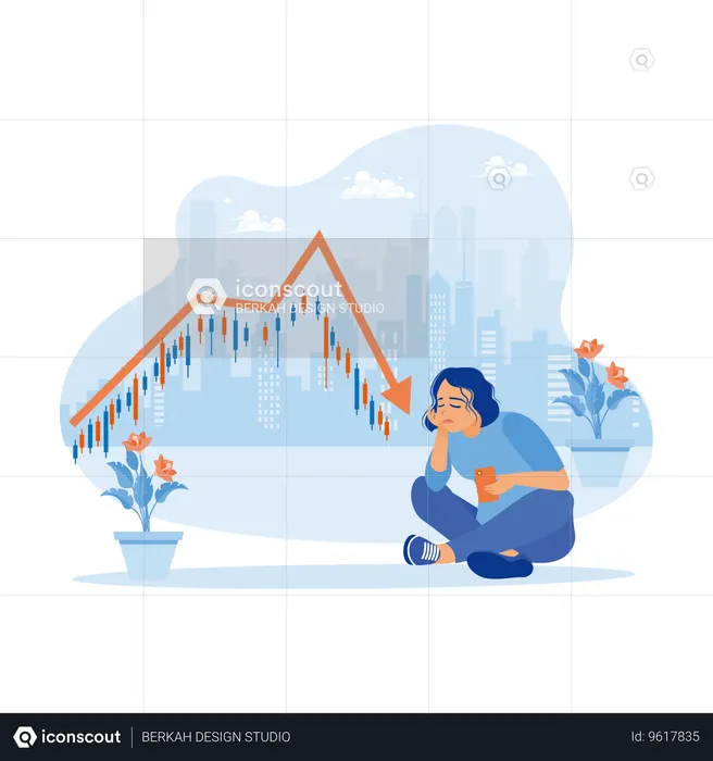 Businesswoman With Sad Face Is Sitting On Floor Holding Cell Phone  Illustration