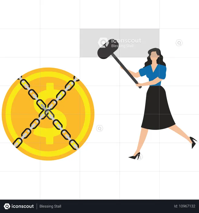 Businesswoman with sword trying to split shackles that hold dollar  Illustration