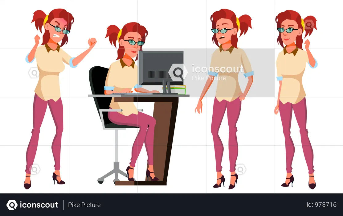 Businesswoman Working In Office With Different Gesture  Illustration