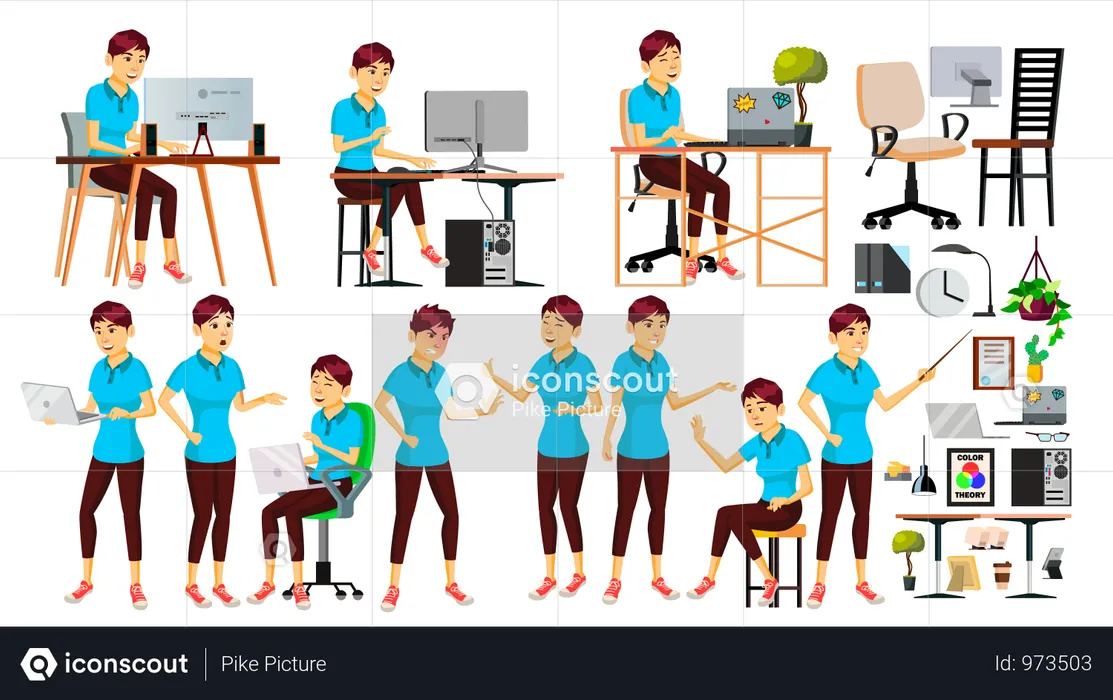 Businesswoman Working In Office With Different Gestures  Illustration