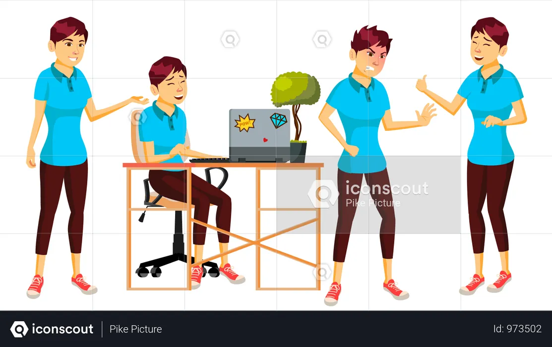 Businesswoman Working In Office With Different Gestures  Illustration