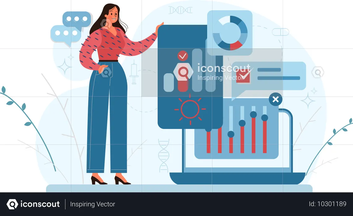 Businesswoman working on analysis report  Illustration