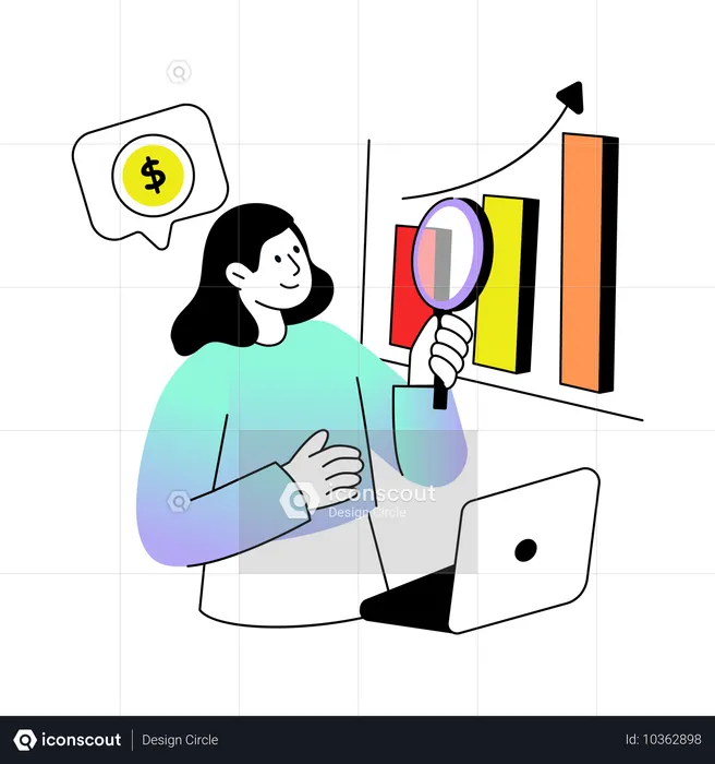 Businesswoman working on data Market Research  Illustration