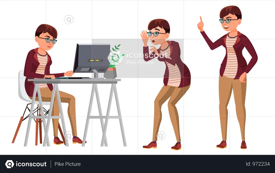 Businesswoman Working On Desk In Office With Different Gesture  Illustration