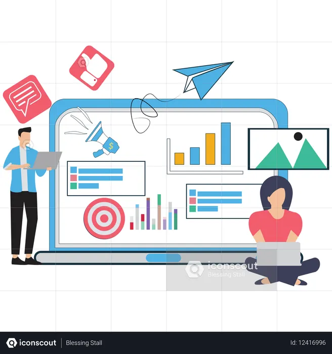 Businesswoman working on Digital Marketing Team Collaboration  Illustration