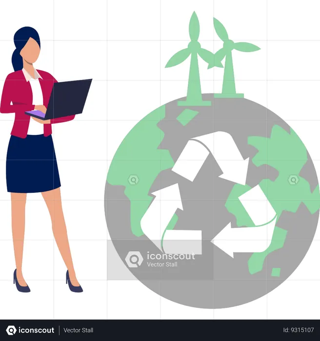 Businesswoman working on laptop about global recycle environment  Illustration