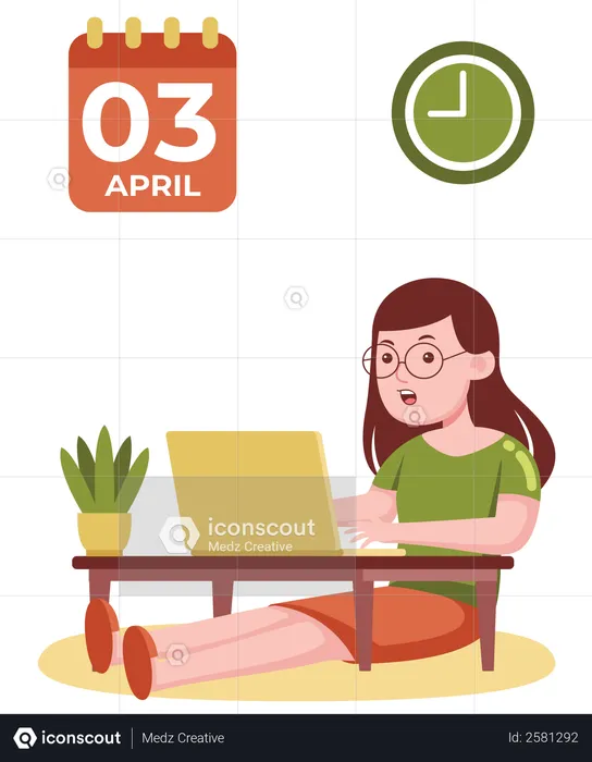Businesswoman working on laptop on laptop desk with calendar and clock on wall  Illustration