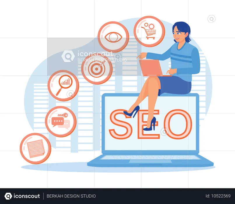 Businesswoman working using laptop with online search engine  Illustration