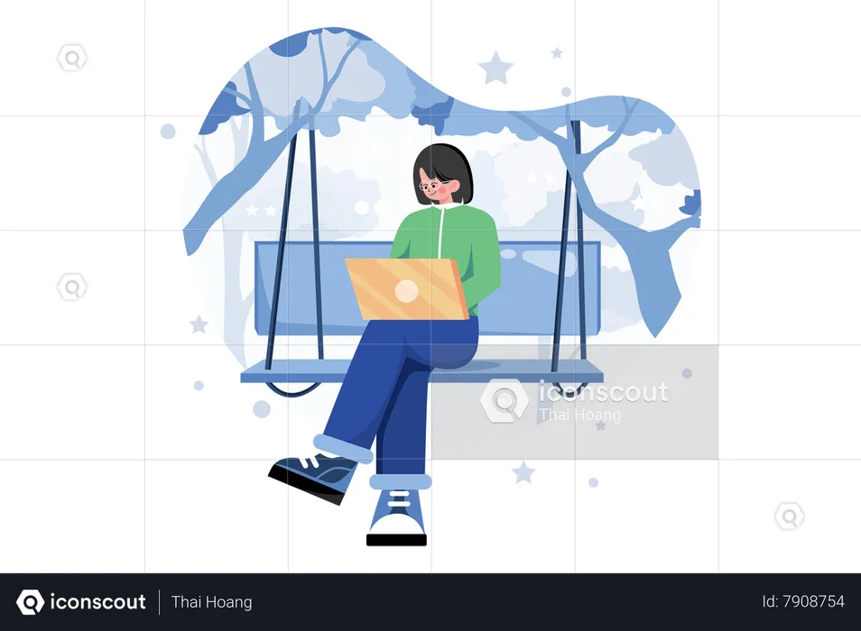 Businesswoman working while seating on a swing  Illustration