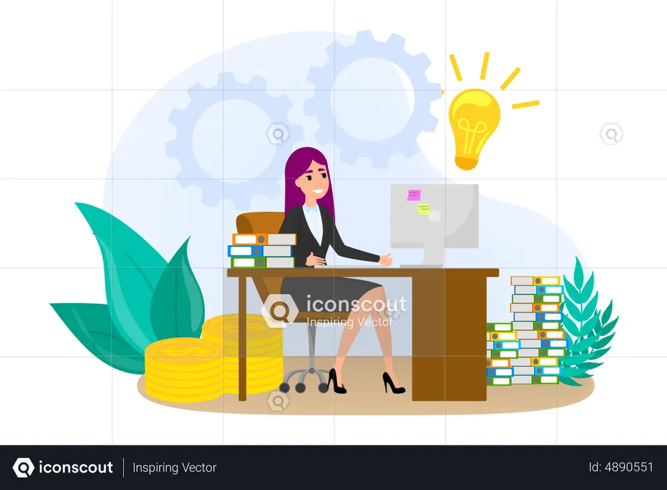 Businesswoman working while sitting at the desk  Illustration