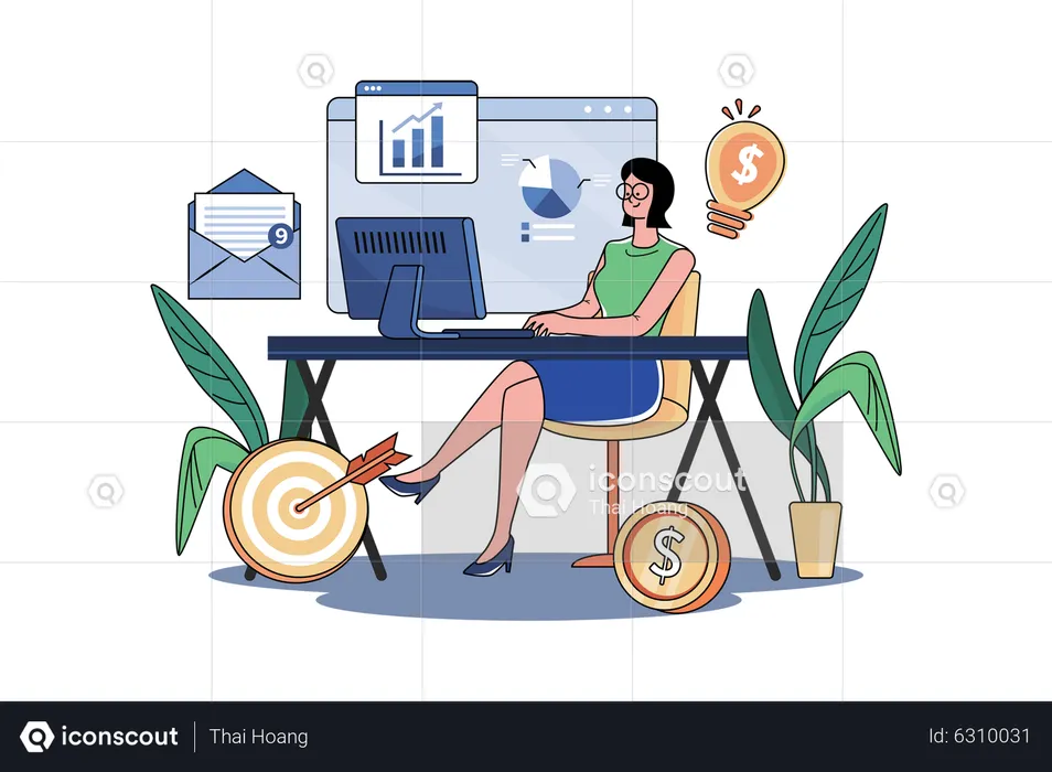 Businesswoman Working With Desktop Computer  Illustration