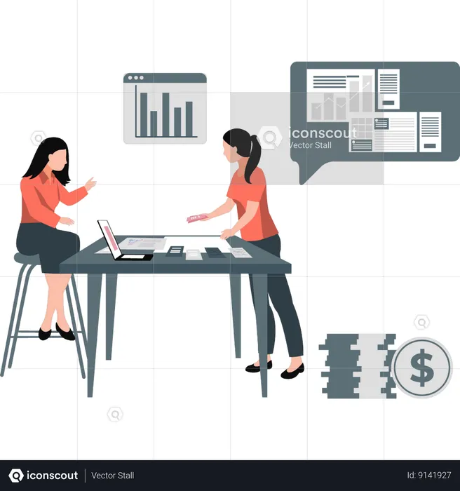 Businesswoman works on business data  Illustration