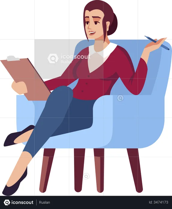 Businesswomen in armchair with clipboard and pen  Illustration