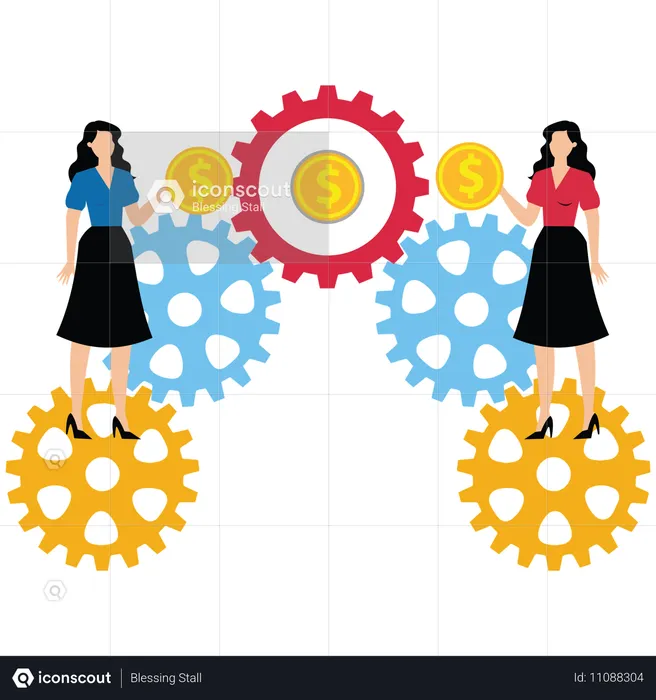 Businesswomwn Taking Gold Running on Gears Connecting Gold  Illustration