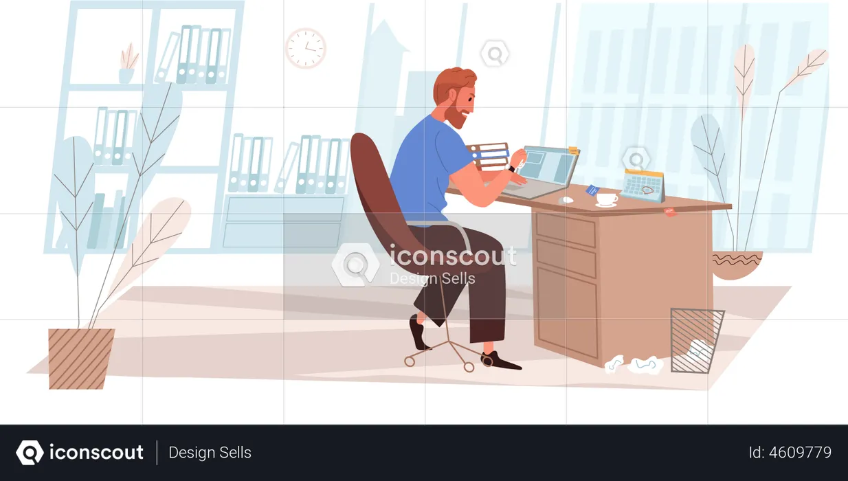 Busy Man Working At Laptop  Illustration