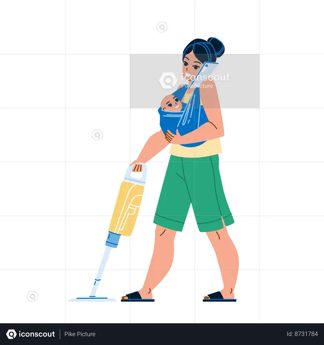 Busy Mother carrying child and talking on phone  Illustration