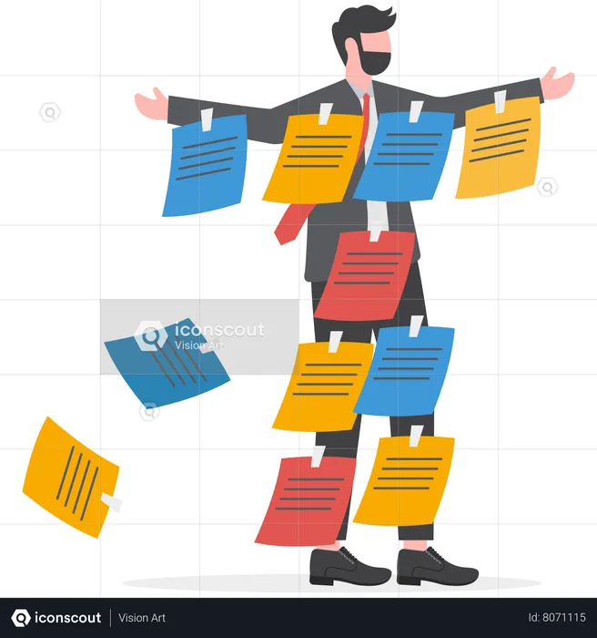 Busy tired businessman cover with adhesive reminder sticky notes on him  Illustration