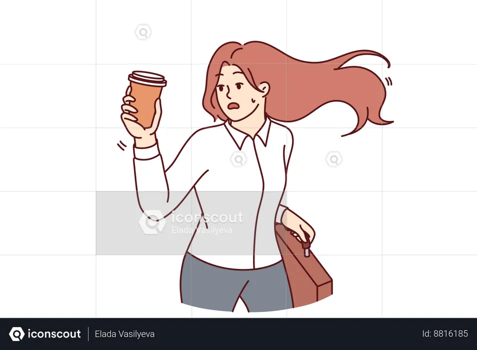 Busy woman going to office with coffee cup  Illustration