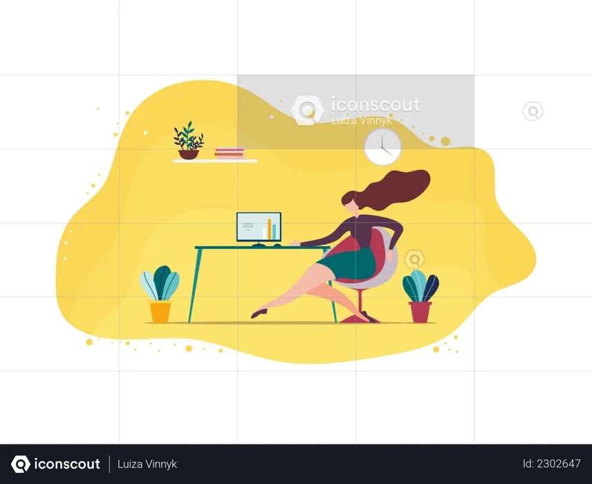 Busy Woman Sitting at Desk and Using Computer Report Compilation  Illustration