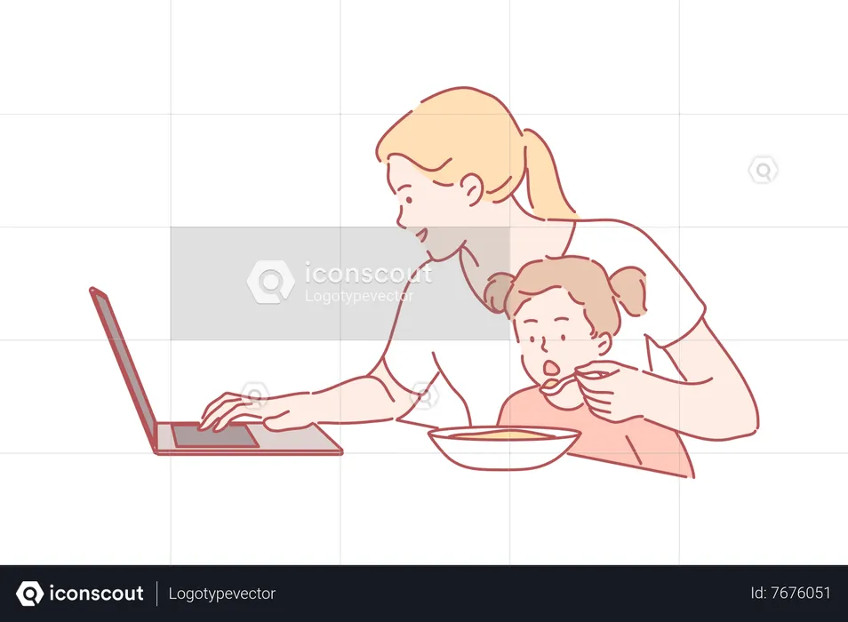 Busy woman working on laptop and eating food to daughter  Illustration