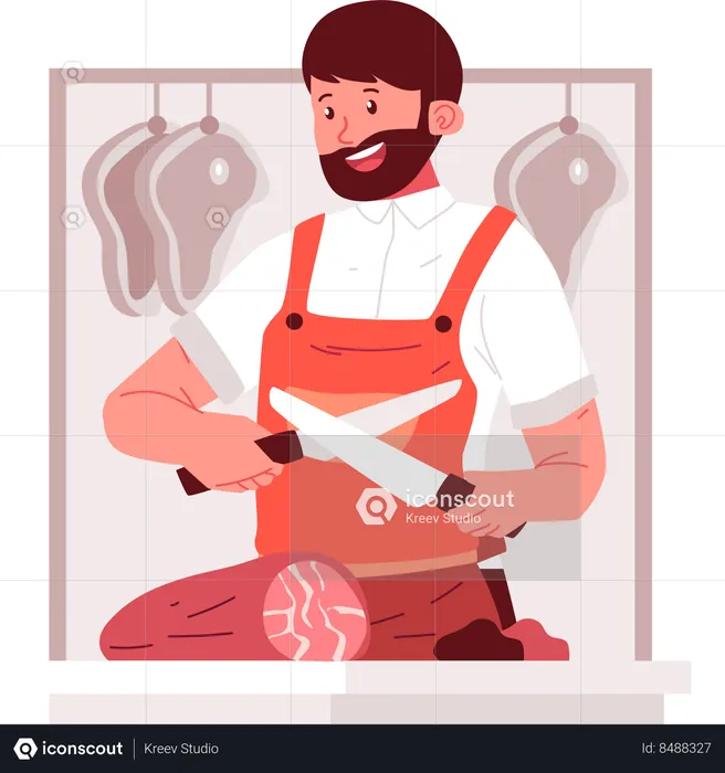 Butcher cutting meat using knife  Illustration