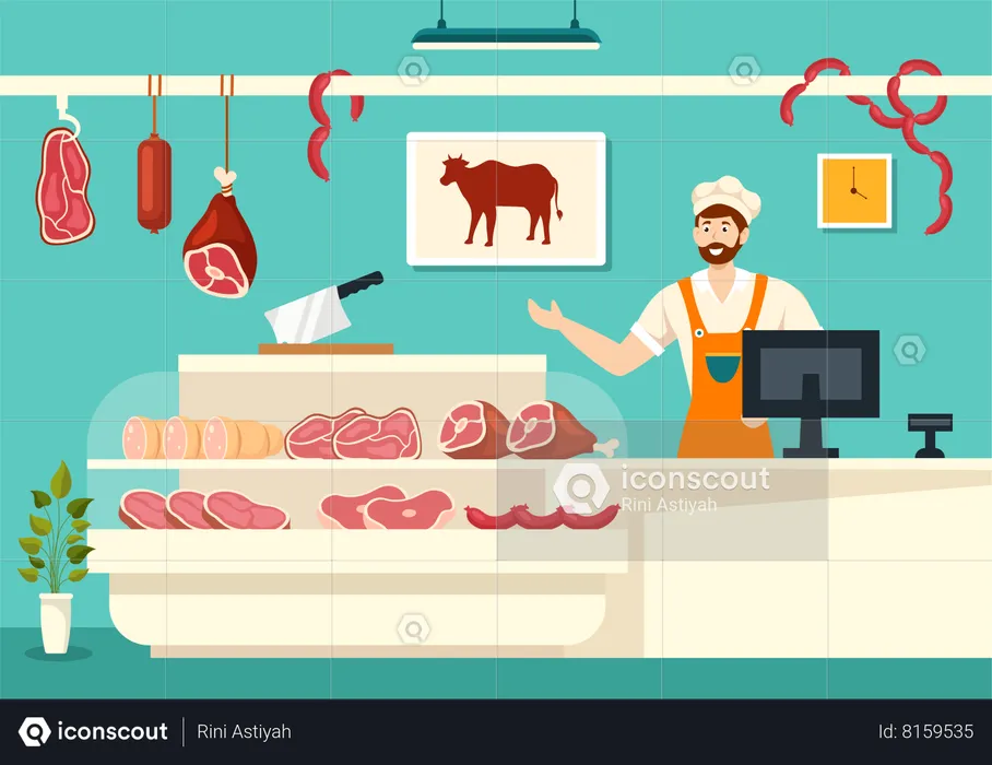 Butcher man at butcher shop  Illustration