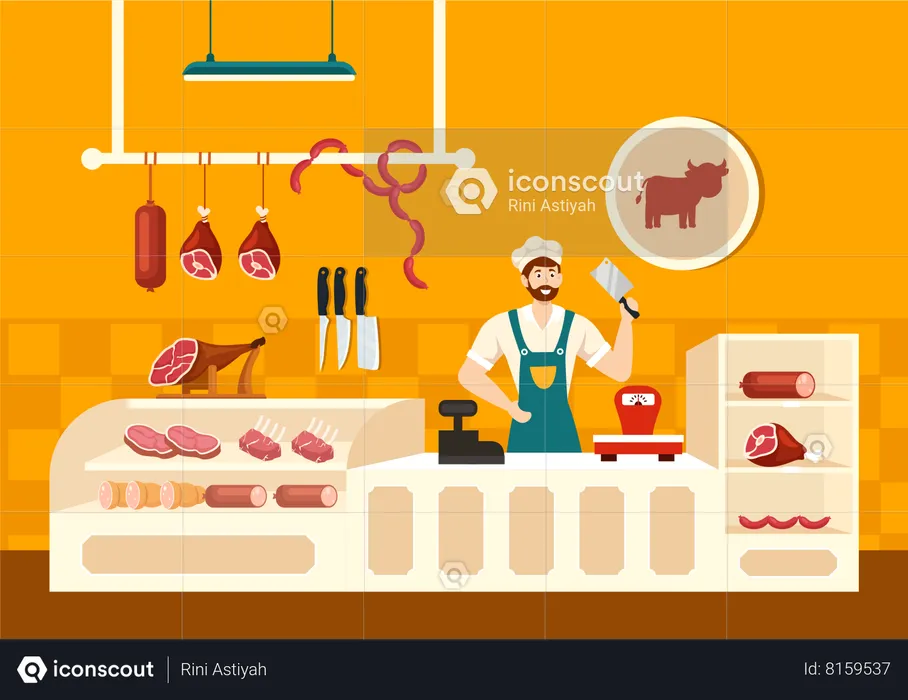 Butcher man cutting meat with cleaver  Illustration
