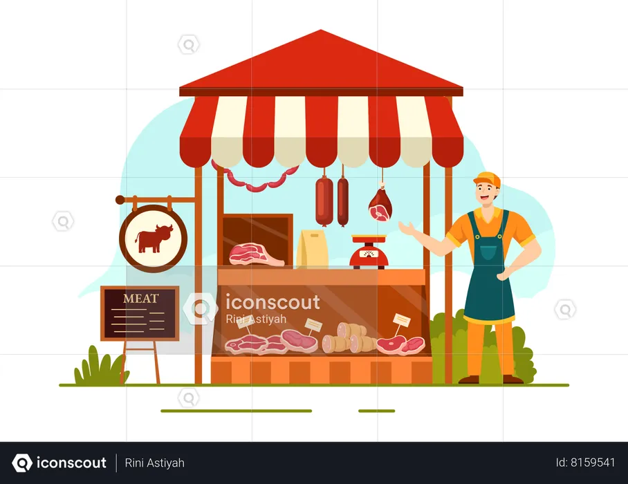 Butcher man showing meat shop  Illustration