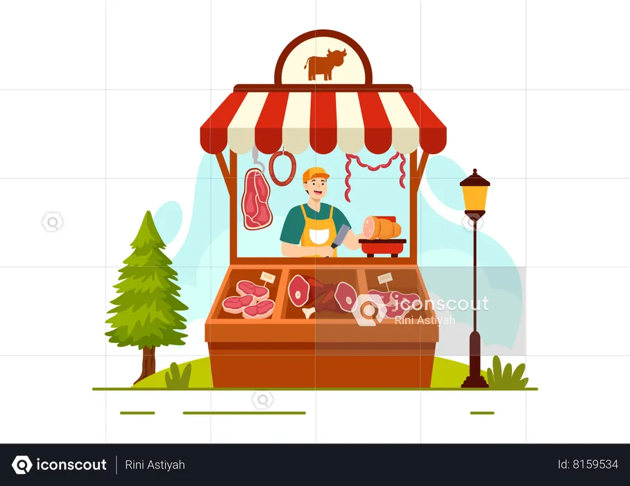Butcher put meat on weight scale  Illustration