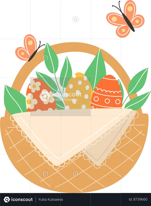 Butterflies And Painted Eggs In A Wicker Basket For Holiday  Illustration