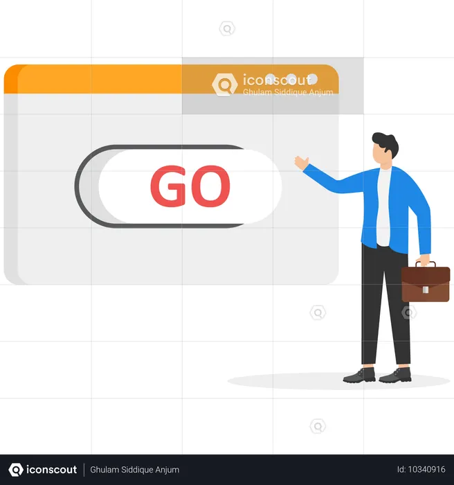 ブラウザウィンドウに「Go」と書かれたボタンがあり、スーツを着た男性がそのボタンに手を伸ばす  イラスト
