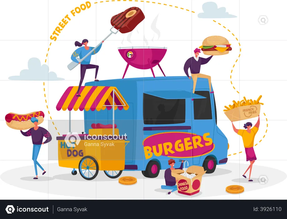 Buying food from street food stalls  Illustration