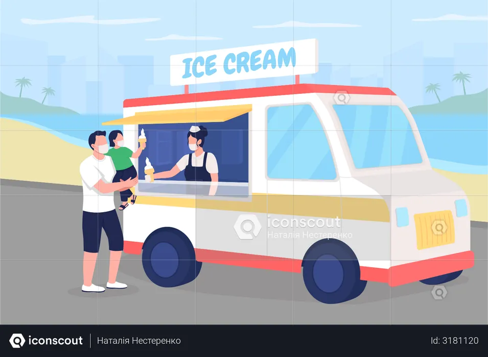 Buying ice cream on beach during pandemic  Illustration