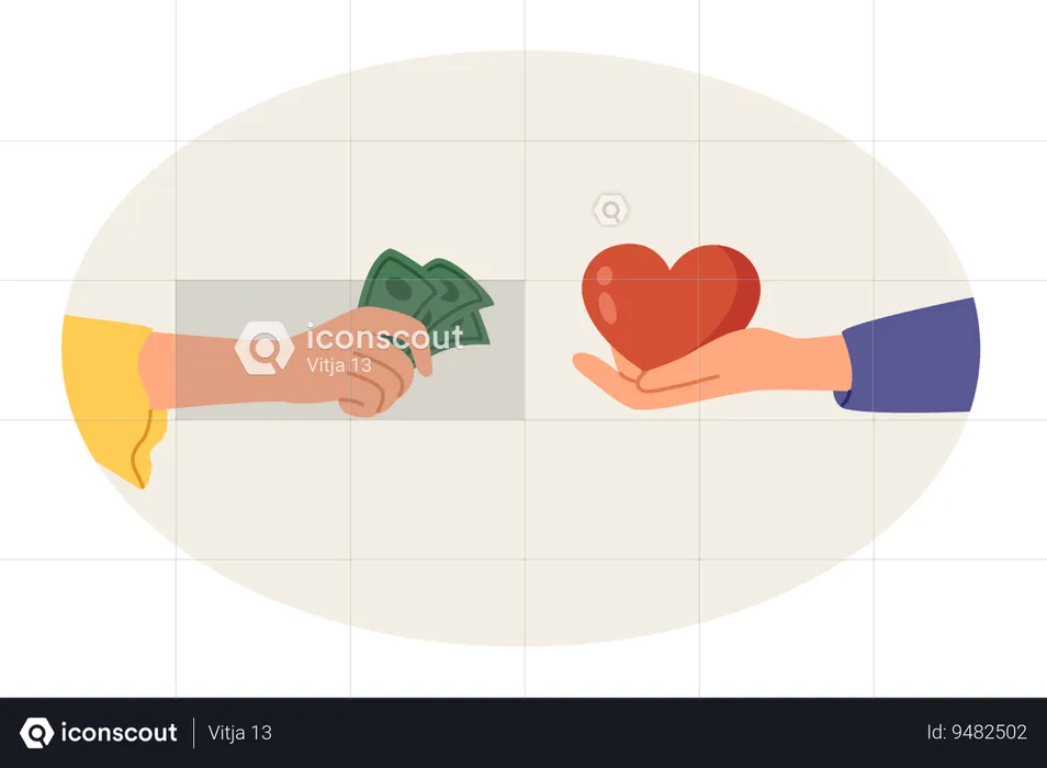 Buying love and relationships with money with hands of people with hearts and cash  Illustration