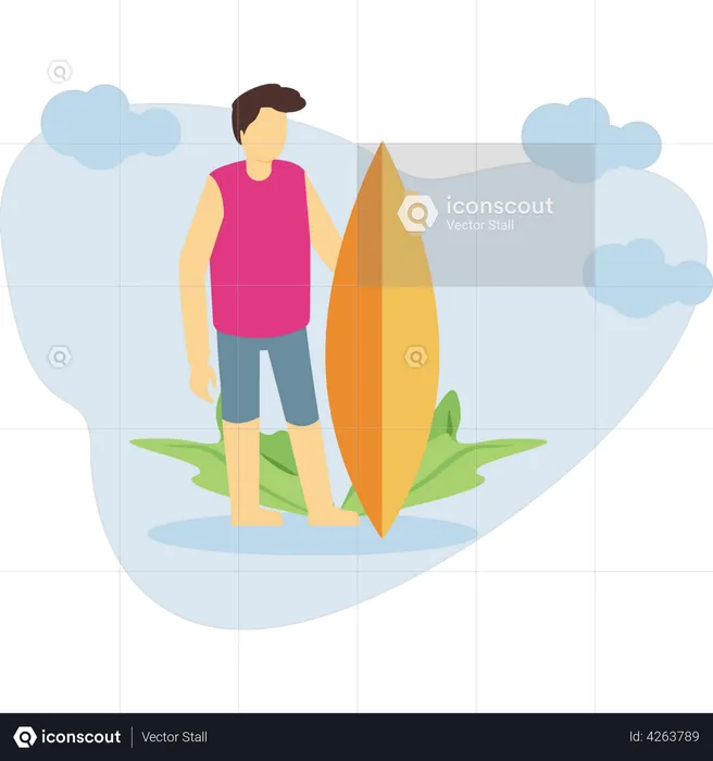 By standing with a surf board  Illustration