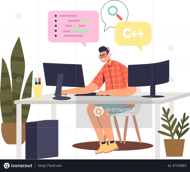 C programmer coding from home  Illustration