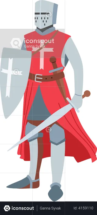 Caballero medieval heráldico con armadura y espada  Ilustración