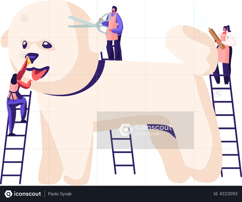 Cabeleireiro de animais aparando pelos de cachorrinhos  Ilustração