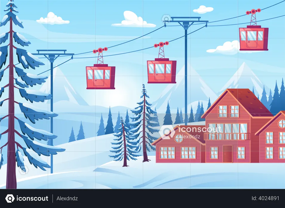 Cable car at snowy mountain  Illustration