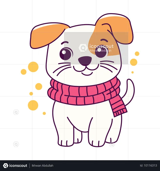 Filhote de cachorro fofo usando cachecol na temporada de inverno  Ilustração