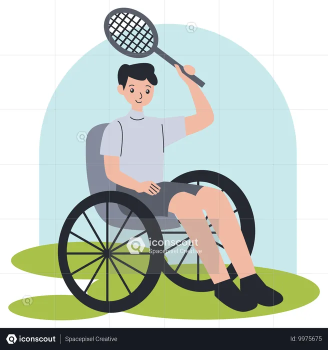 Atleta de cadeira de rodas jogando badminton  Ilustração