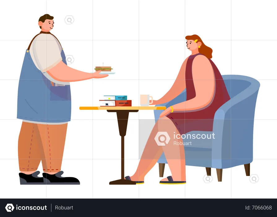 Cafe barista giving sandwich to woman at cafe  Illustration