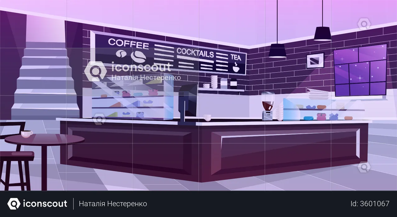 Cafe interior at night  Illustration